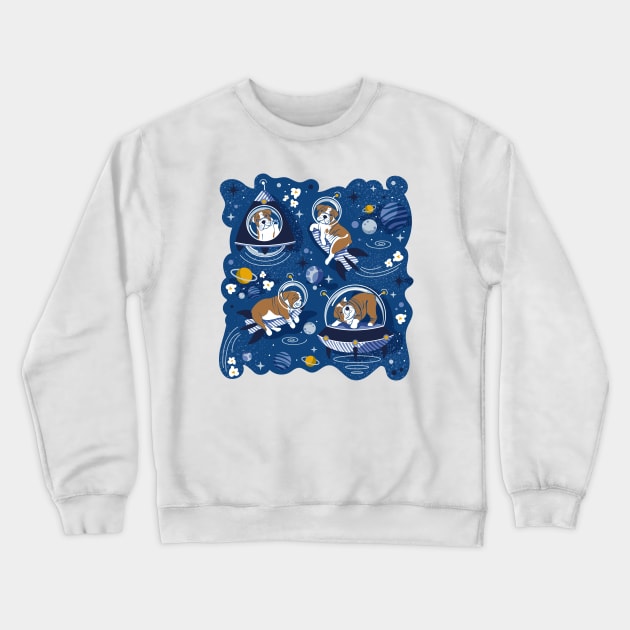 Intergalactic doggie dreams // spot illustration // classic blue background white and bronze English Bulldogs goldenrod yellow denim and pastel blue planets and space ships Crewneck Sweatshirt by SelmaCardoso